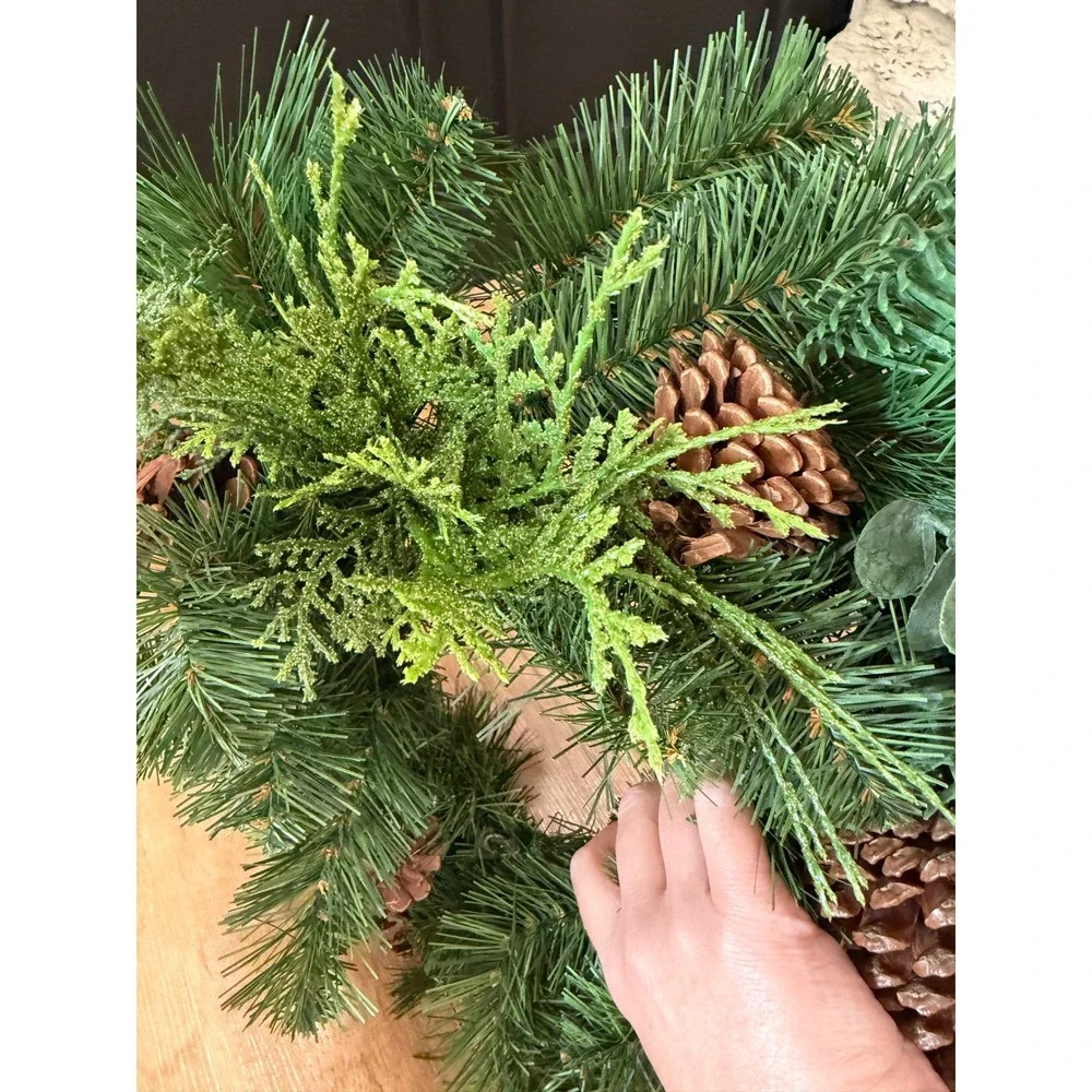 Faux Evergreen Christmas Wreath with Pinecones Eucalyptus and Cedar 14 Inch